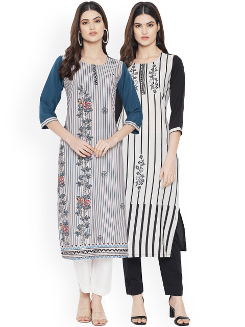 

Ethnic basket Women Pack of 2 White & Black Striped Crepe Kurta
