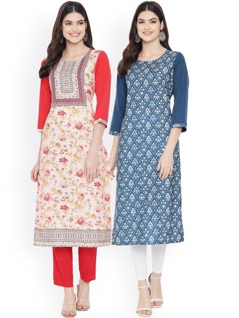 

Ethnic basket Women Pack Of 2 Multicoloured Floral Printed Crepe Kurtas, Multi