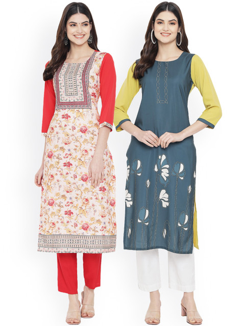 

Ethnic basket Women Multicoloured Floral Embroidered Keyhole Neck Floral Crepe Kurta, Multi