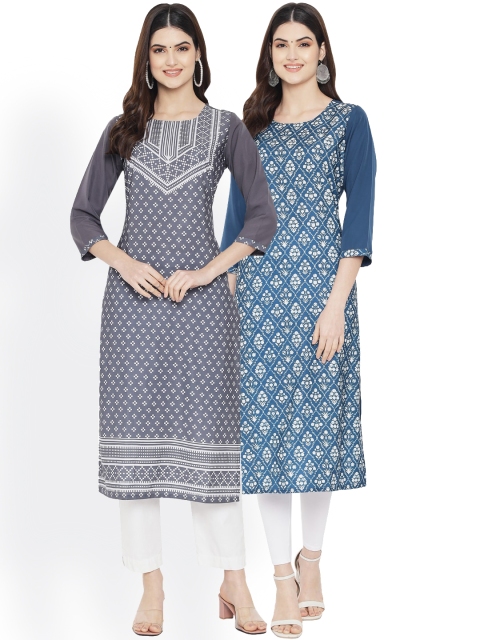 

Ethnic basket Women Set of 2 Ethnic Motifs Printed Crepe Kurta, Blue