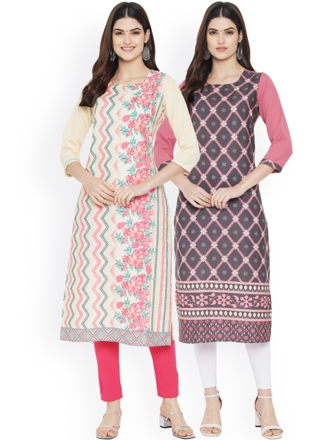 

Ethnic basket Women Pack Of 2 Cream-Coloured & Grey Printed Crepe Kurta