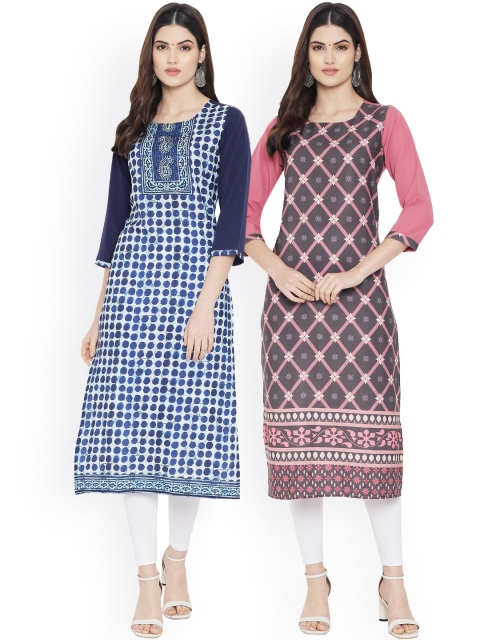 

Ethnic basket Women Pack of 2 Printed Floral Crepe Kurta, Blue