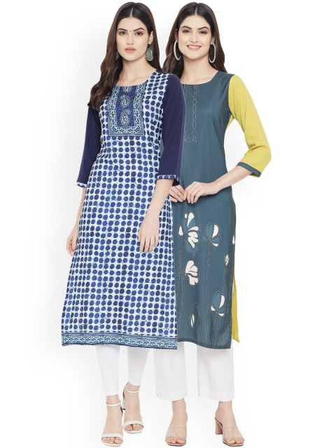 

Ethnic basket Women Blue & Green Pack Of 2 Digital Printed Straight Kurta