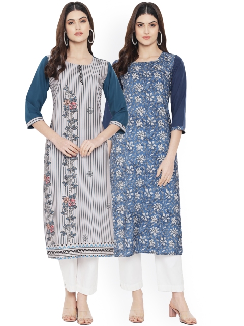 

Ethnic basket Woman Pack of 2 Multicoloured Striped Floral Crepe Kurta, Multi