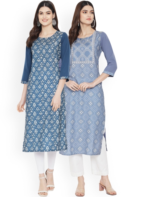 

Ethnic Basket Set Of 2 Women Blue & White Floral Printed Floral Crepe Kurta