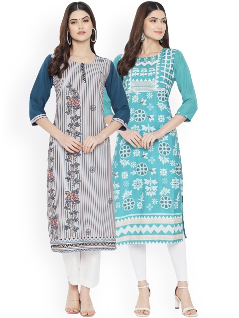 

Ethnic basket Women Set of 2 Ethnic Motifs Printed Crepe Kurta, Blue