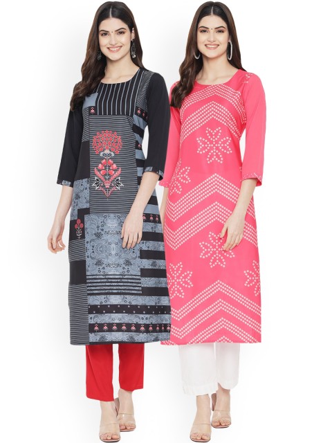 

Ethnic basket Women Pack of 2 Pink & Grey Printed Crepe Straight Kurta