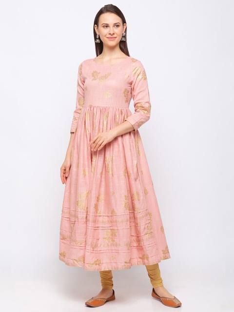 

Ethnicity Women Pink & Gold-Toned Floral Round Neck Cotton Fit & Flare Dress