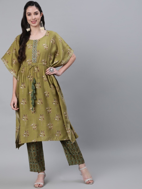 

Jaipur Kurti Women Green Printed Gotta Patti Chanderi Cotton Kaftan Kurta with Trousers