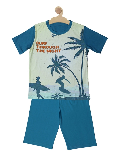 

Kanvin Boys Teal & Cream-Coloured Printed Cotton Night suit