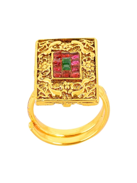 

Tistabene Gold-Plated Pink & Green Stone Studded Adjustable Finger Ring