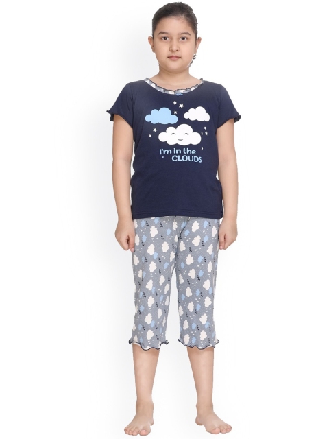 

Kanvin Girls Navy Blue & White Printed Pure Cotton Night suit