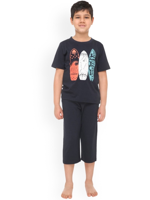 

Kanvin Boys Navy Blue & Orange Printed Pure Cotton Night suit