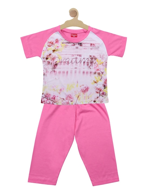 

Kanvin Girls Pink & White Printed Pure Cotton Night suit