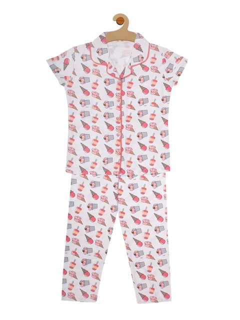 

Kanvin Girls White & Red Printed Pure Cotton Night suit