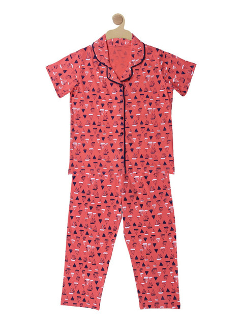 

Kanvin Boys Coral & Blue Printed Cotton Night suit
