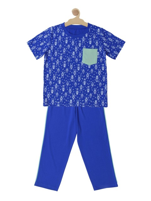 

Kanvin Boys Blue & White Graphic Printed Pure Cotton Night Suit