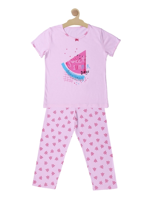 

Kanvin Girls Pink & Blue Printed Pure Cotton Night suit