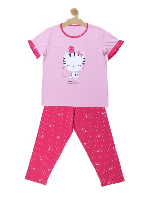 

Kanvin Girls Pink & White Printed Pure Cotton Night suit