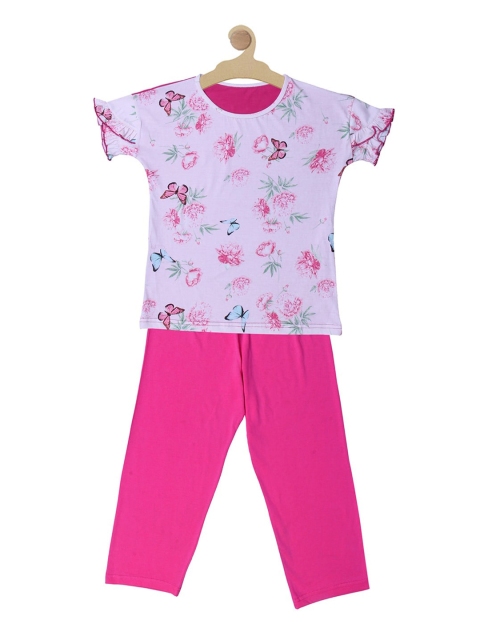 

Kanvin Girls Pink & White Printed Pure Cotton Night suit