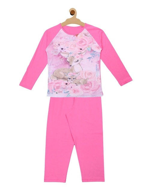 

Kanvin Girls Pink Graphic Printed Pure Cotton Night Suit