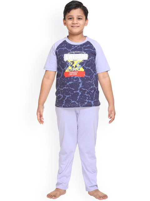 

Kanvin Boys Violet & Grey Printed Pure Cotton Night suit