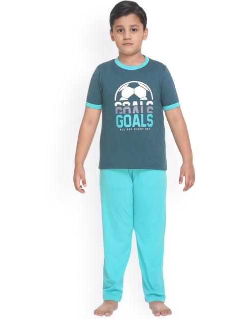

Kanvin Boys Teal Blue & Turquoise Blue Printed Pure Cotton Night suit