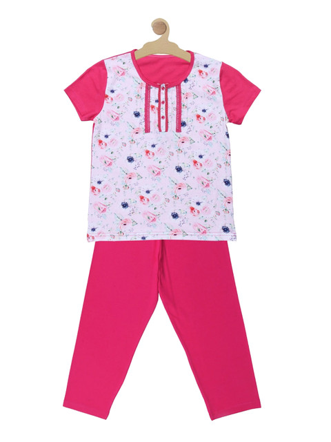 

Kanvin Girls Magenta & White Floral Printed Pure Cotton Night Suit