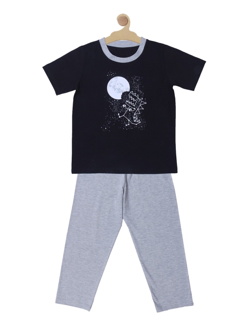 

Kanvin Boys Black & Grey Graphic Printed Pure Cotton Night Suit