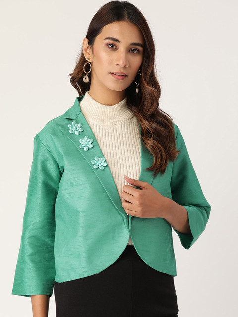 

Cottinfab Women Green Floral Lightweight Crop Tailored Jacket with Patchwork