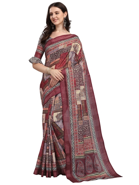 

VENISA Brown Colourblocked Zari Silk Blend Block Print Saree