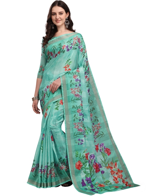 

VENISA Blue & Red Floral Printed Silk Blend Bagh Saree