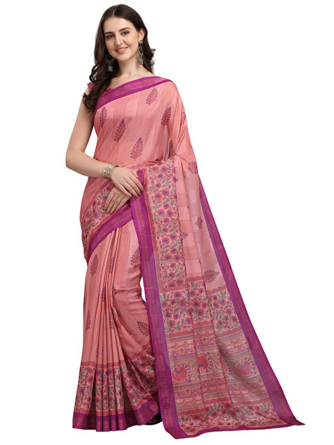 

VENISA Pink & Purple Floral Printed Silk Blend Bagh Saree