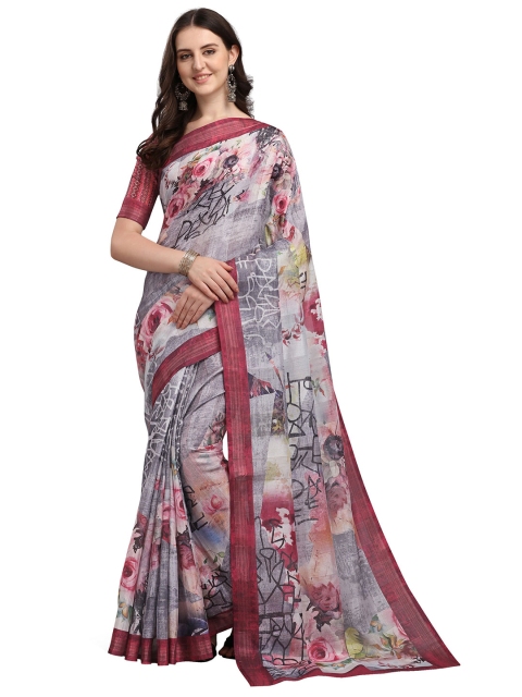 

VENISA Purple & Grey Floral Printed Silk Blend Bagh Saree