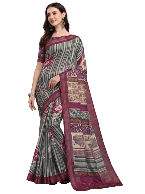 

VENISA Grey & Purple Floral Silk Blend Bagh Saree