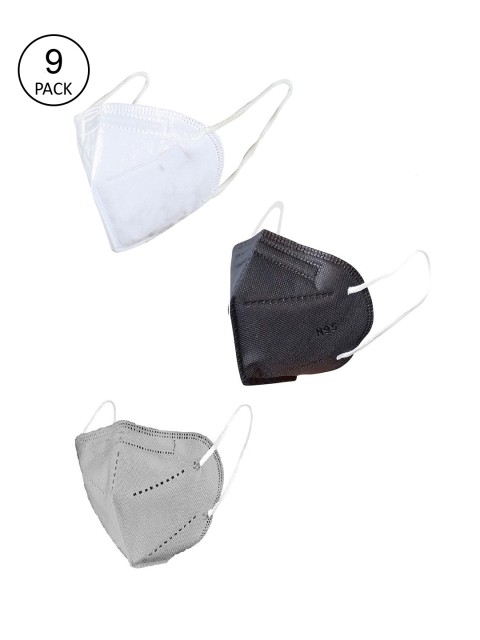 

OOMPH Unisex Pack Of 9 Solid 5-Ply Reusable Anti-Pollution KN95 Face Masks, Black