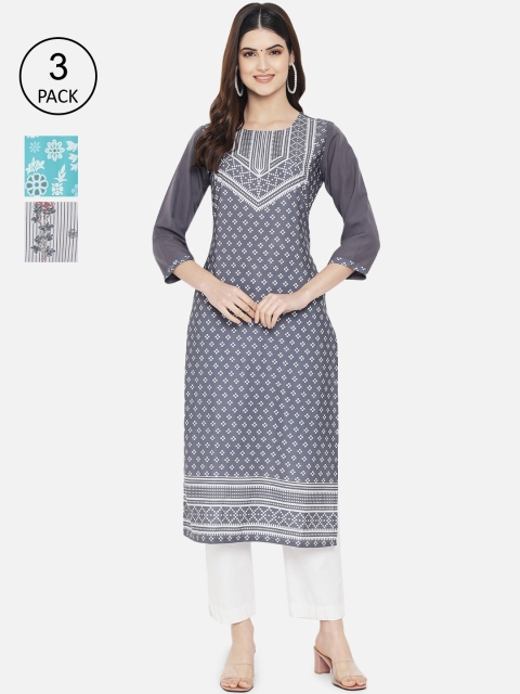 

7Threads Women Pack of 3 Printed Kurtas, Grey