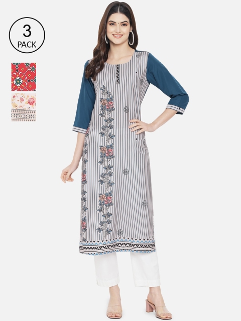 

7Threads Women Multicoloured Floral Striped Crepe Kurta, Multi