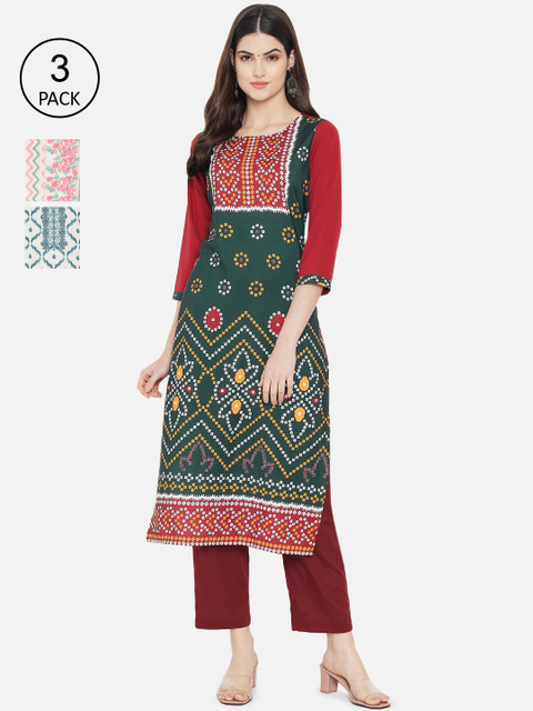 

7Threads Women Pack of 3 Printed Kurtas, Green