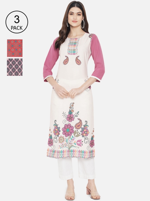 

7Threads Women Pack of 3 Multicoloured Printed Crepe Straight Kurta, Multi