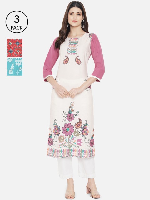

7Threads Women Pack of 3 Multicoloured Printed Crepe Straight Kurta, Multi