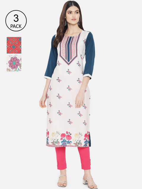 

7Threads Women Pack of 3 Digital Printed Crepe Kurta, Multi