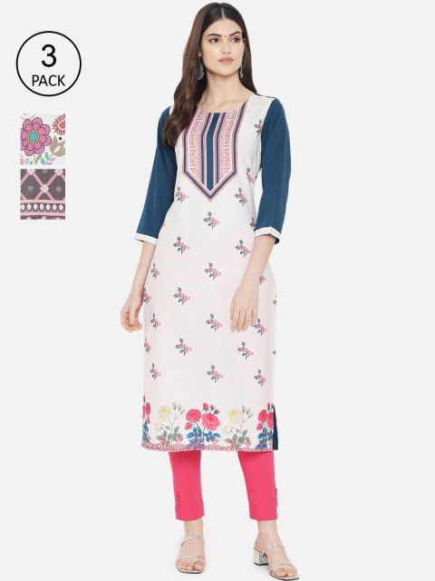 

7Threads Woman Pack of 3 Multicoloured Floral Printed Crepe Kurta, Multi