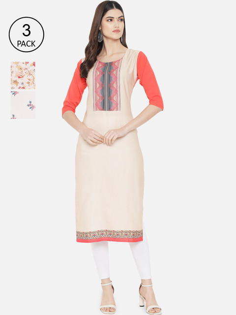 

7Threads Pack of 3 Women Ethnic Motifs Printed Crepe Kurta, Multi