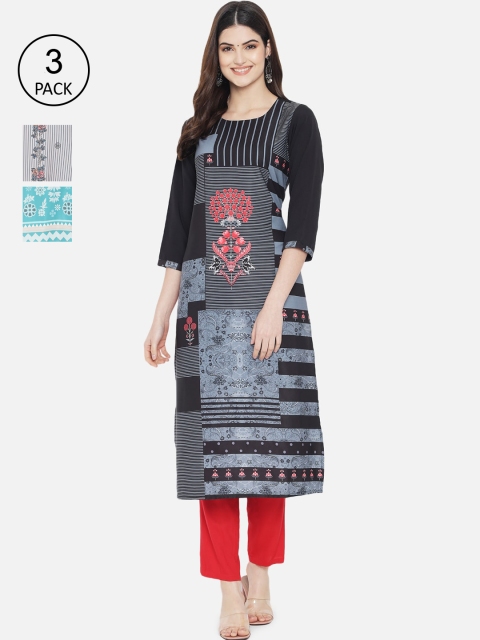 

7Threads Women Multicoloured Pack of 3 Ethnic Motifs Printed Crepe Kurta, Multi