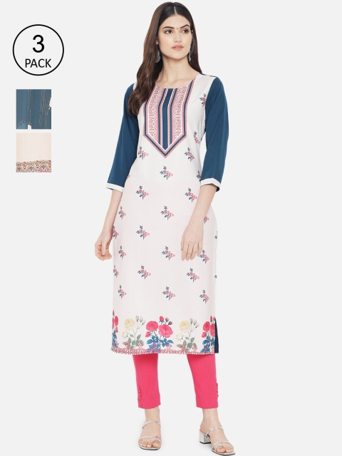 

7Threads Woman Pack of 3 Multicoloured Floral Printed Crepe Kurta, Multi