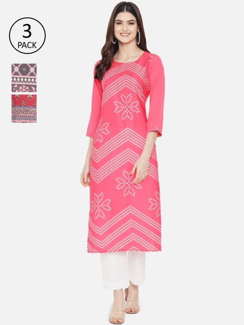 

7Threads Women Pack of 3 Multicoloured Printed Crepe Straight Kurta, Multi