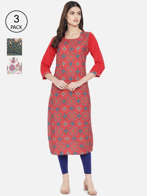 

7Threads Woman Pack of 3 Multicoloured Ethnic Motifs Printed Crepe Kurta, Multi