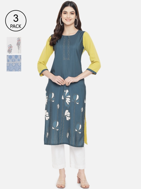 

7Threads Women Pack Of 3 Floral Printed Crepe Kurta, Blue