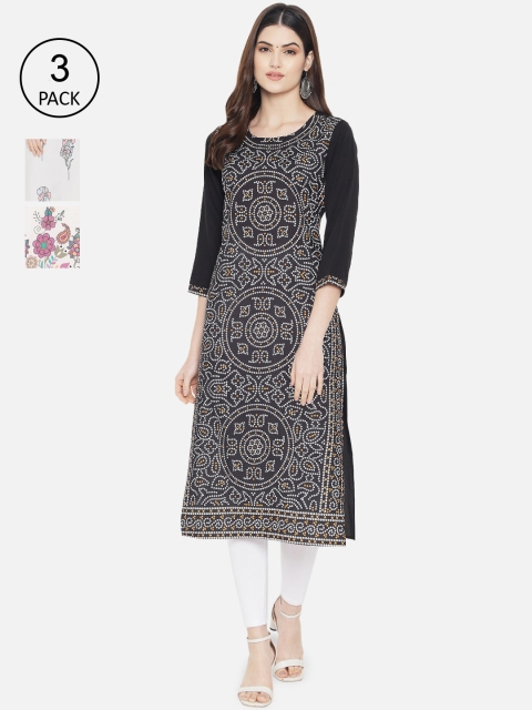 

7Threads Women Black & White Floral Printed Crepe Kurta